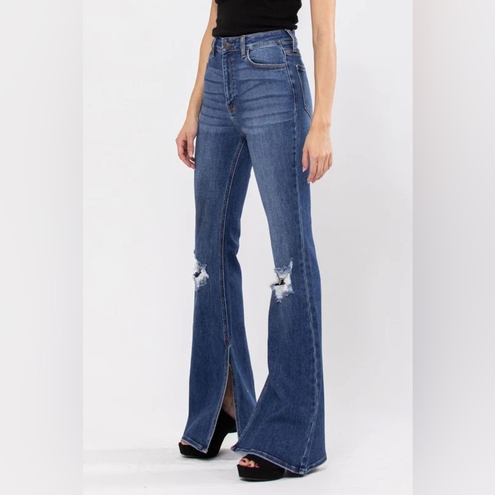 Cello High Rise Flare Bell Bottom Jeans With Distressed Knees And Bottom Slit